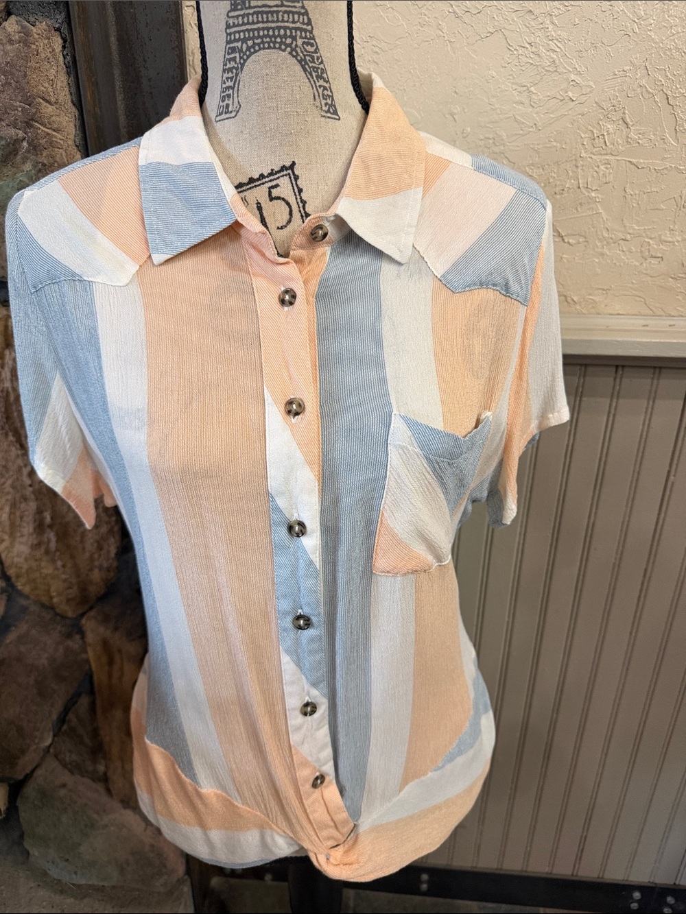 Idyllwind Peach, Light Blue & White Striped Button-Down Shirt